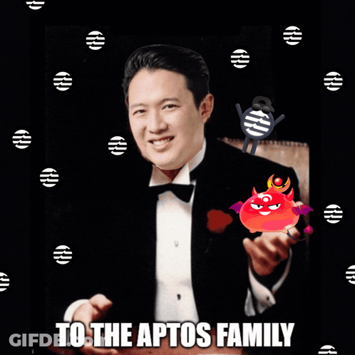 A Picture Of A Man In A Tuxedo With The Words Welcome To The Aptos Family Above Him GIF