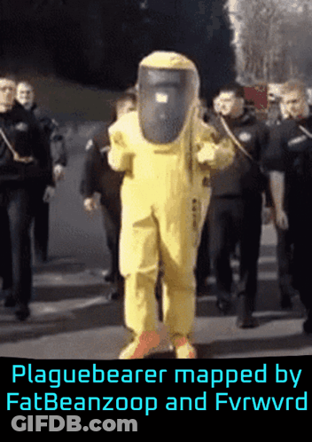 A Picture Of A Man In A Yellow Hazmat Suit With The Words Plaguebearer Mapped By Fatbeanzoop And Fvrwwrd GIF