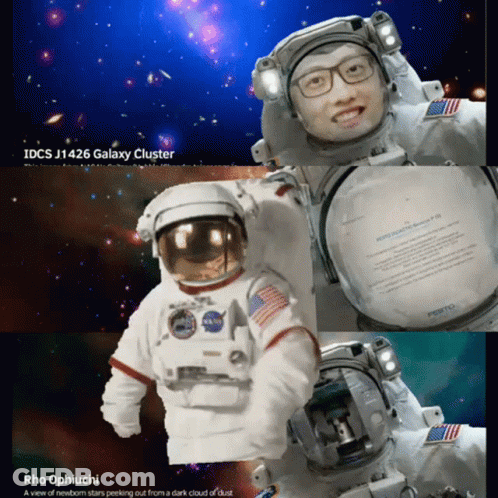 A Picture Of A Man In An Astronaut 'S Suit With Idcs J1427 Galaxy Cluster On The Bottom GIF