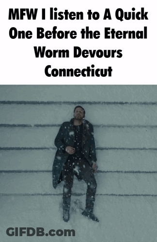A Picture Of A Man In The Snow With The Caption Mfw I Listen To A Quick One GIF