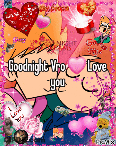 A Picture Of A Man Kissing A Woman With The Words " Goodnight Vro Love You " GIF