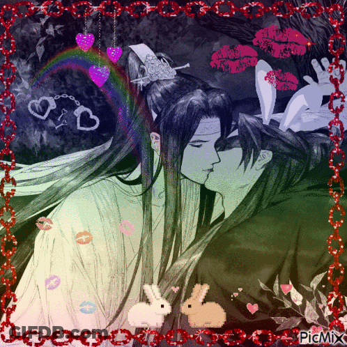 A Picture Of A Man Kissing Another Man With Rabbits And Hearts Around It GIF