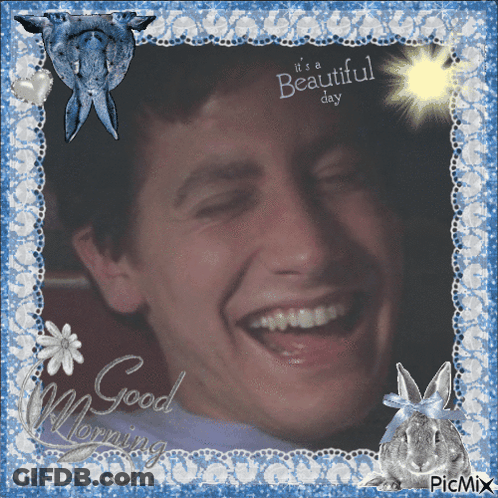 A Picture Of A Man Laughing With The Words " It 'S A Beautiful Day " At The Top GIF