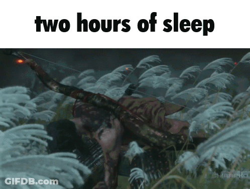 A Picture Of A Man Laying In The Grass With The Words Two Hours Of Sleep Above Him GIF