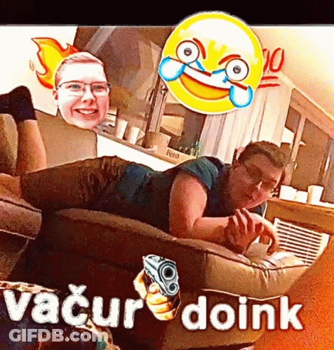 A Picture Of A Man Laying On A Couch With A Gun And The Words Vacur Doink GIF