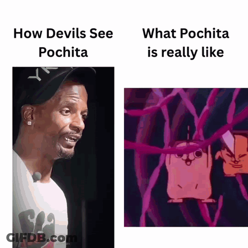 A Picture Of A Man Next To A Picture Of A Cartoon Character That Says " How Devils See Pochita " GIF