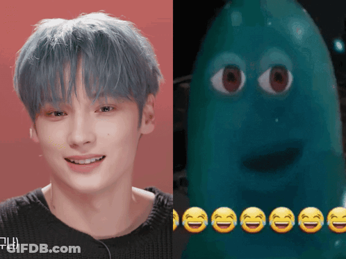 A Picture Of A Man Next To A Picture Of A Green Cartoon Character GIF