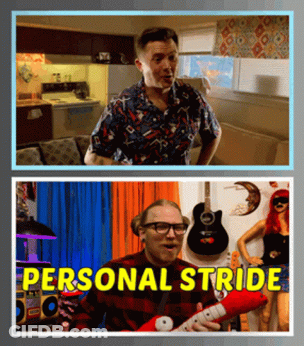 A Picture Of A Man Playing A Guitar And A Picture Of A Woman With The Words Personal Stride On It GIF