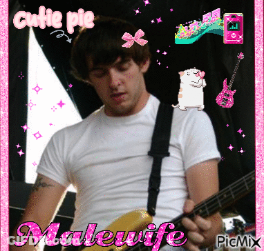 A Picture Of A Man Playing A Guitar With Malewife Written In Pink GIF
