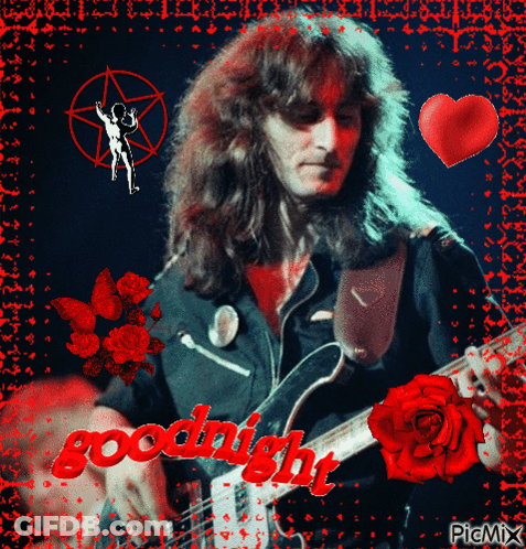 A Picture Of A Man Playing A Guitar With The Words Goodnight In Red Letters GIF