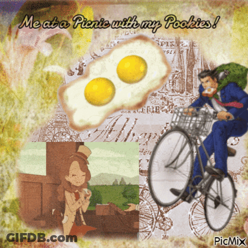A Picture Of A Man Riding A Bike With The Words " Me At A Picnic With My Pookies " GIF