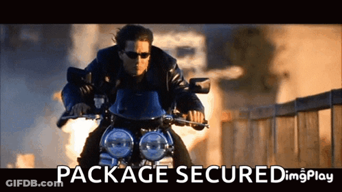 A Picture Of A Man Riding A Motorcycle With The Words Package Secured Below Him GIF
