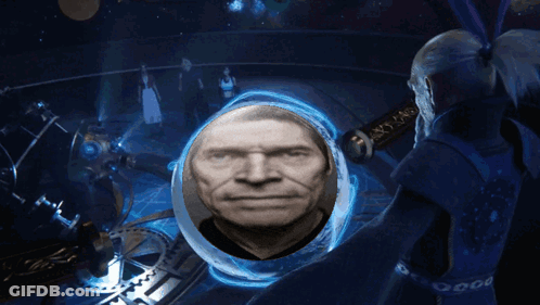 A Picture Of A Man 'S Face Is Displayed In A Futuristic Setting GIF