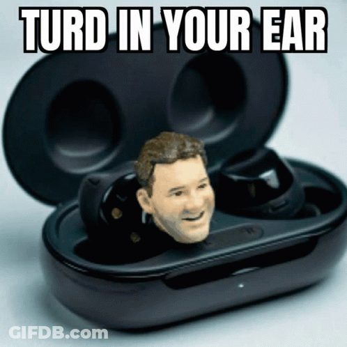 A Picture Of A Man 'S Head With The Words Turd In Your Ear Written Above It GIF