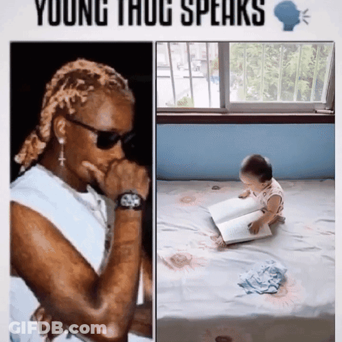 A Picture Of A Man Singing Next To A Picture Of A Baby Reading GIF