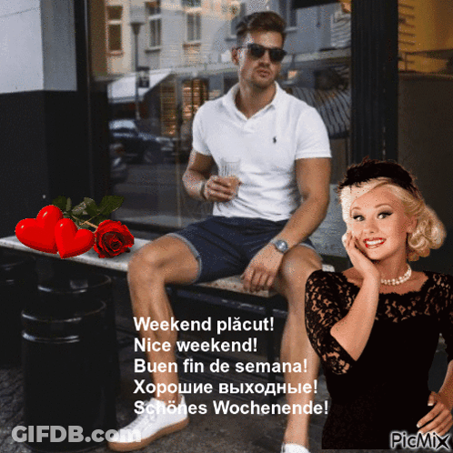 A Picture Of A Man Sitting On A Bench Next To A Woman With The Caption Weekend Placut Nice Weekend Buen Fin De Semana GIF