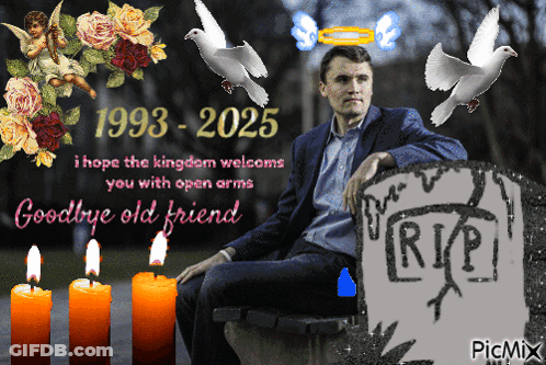 A Picture Of A Man Sitting On A Bench With Candles And A Rip Sign GIF