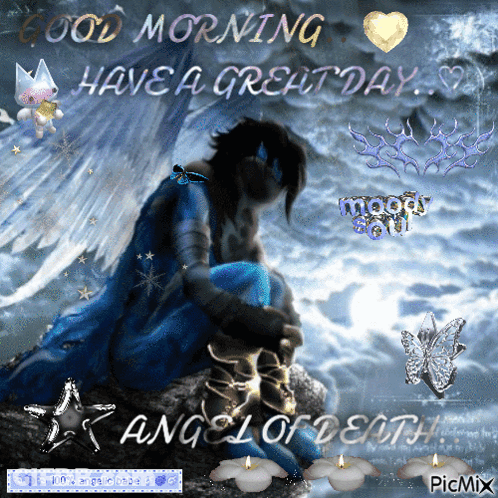 A Picture Of A Man Sitting On A Rock That Says Good Morning Have A Great Day Angel Of Death GIF
