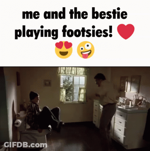 A Picture Of A Man Sitting On A Toilet With The Words Me And The Bestie Playing Footsies GIF