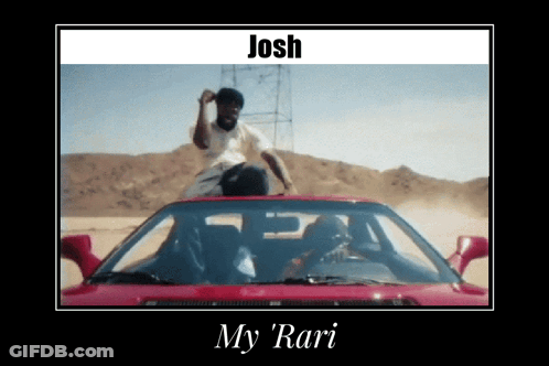 A Picture Of A Man Sitting On Top Of A Red Car With The Words Josh My Rari GIF