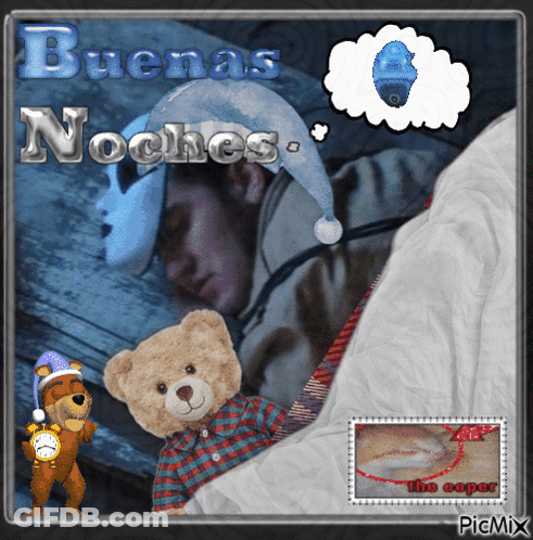 A Picture Of A Man Sleeping With The Words " Buenas Noches " On It GIF