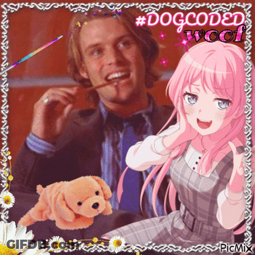 A Picture Of A Man Smoking A Cigarette And A Girl With Pink Hair GIF