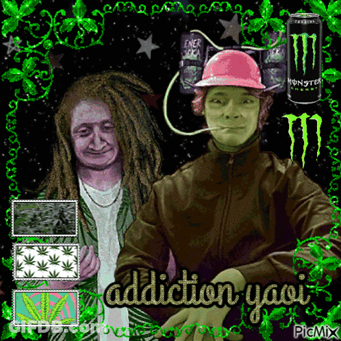 A Picture Of A Man Smoking A Cigarette Next To A Can Of Monster Energy GIF