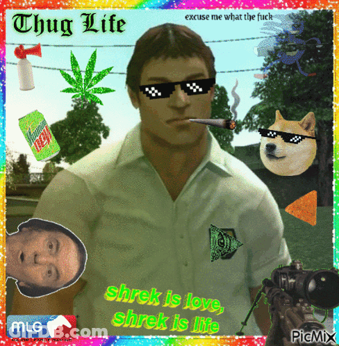 A Picture Of A Man Smoking A Cigarette With The Words Shrek Is Love Shrek Is Life On It GIF