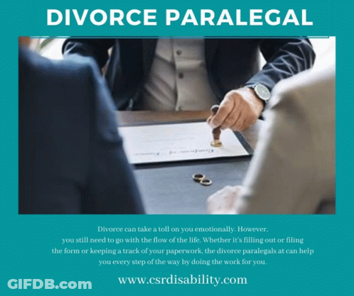 A Picture Of A Man Stamping A Document With The Words Divorce Paralegal GIF