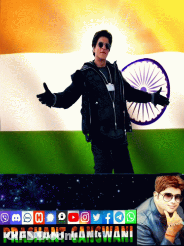A Picture Of A Man Standing In Front Of An Indian Flag With The Name Prashant Gangwani Below Him GIF