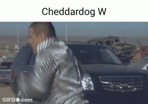 A Picture Of A Man Standing Next To A Car With The Words Cheddardog W Above Him GIF