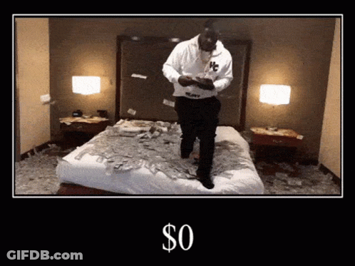 A Picture Of A Man Standing On A Bed With A Dollar Sign On The Bottom GIF