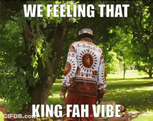 A Picture Of A Man Standing Under A Tree With A Caption That Says " We Feeling That King Fah Vibe " GIF