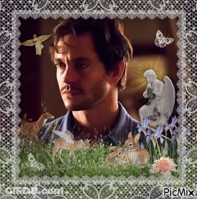 A Picture Of A Man Surrounded By Animals And Flowers Has The Word Picmix On The Bottom GIF