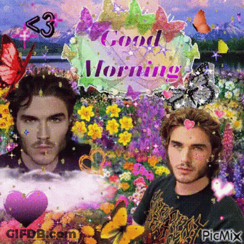 A Picture Of A Man Surrounded By Butterflies And Flowers With The Words Good Morning GIF