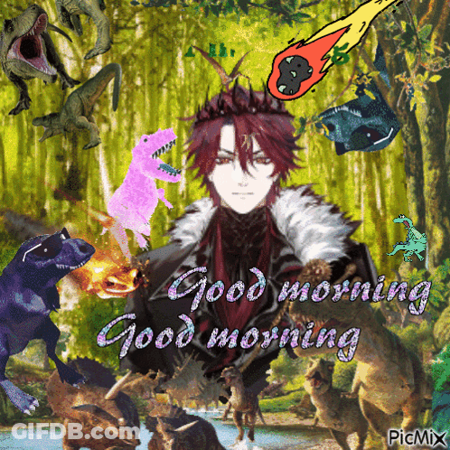 A Picture Of A Man Surrounded By Dinosaurs With The Words Good Morning GIF
