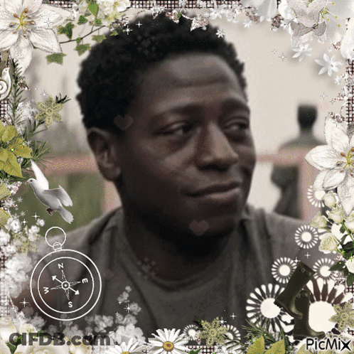 A Picture Of A Man Surrounded By Flowers And A Compass With The Letters N S And M On It GIF