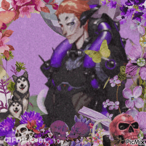 A Picture Of A Man Surrounded By Flowers And Skulls With Picmix Written On The Bottom Right GIF