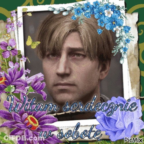 A Picture Of A Man Surrounded By Flowers And The Words Witam Serdecznie GIF