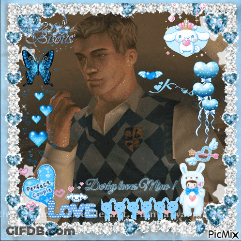 A Picture Of A Man Surrounded By Hearts And Butterflies With A Caption That Says Dirty Loves Mine GIF