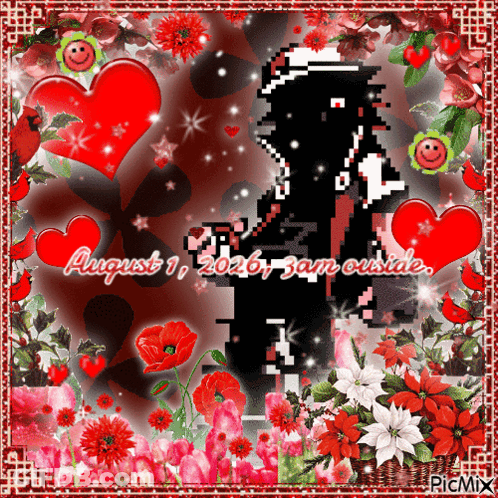 A Picture Of A Man Surrounded By Hearts And Flowers With The Date August 1 GIF