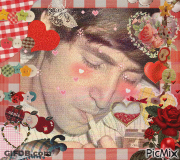 A Picture Of A Man Surrounded By Hearts And Flowers With The Word Picmix On The Bottom Right GIF