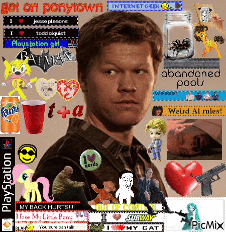 A Picture Of A Man Surrounded By Pictures Including One That Says Abandoned Pools On It GIF