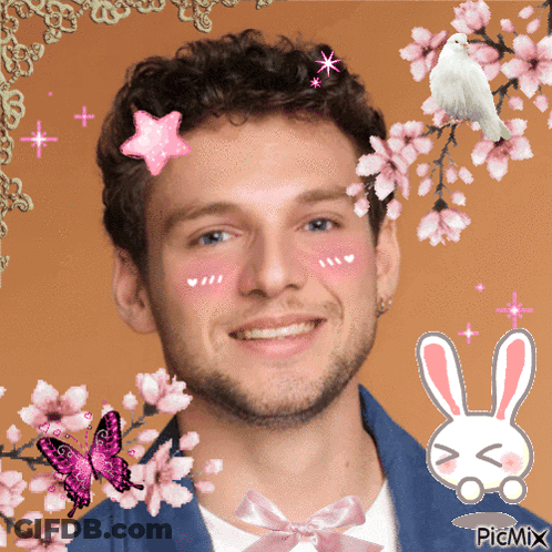 Man Surrounded By Pink Flowers And Bunny Picmix GIF