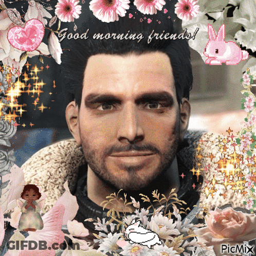 A Picture Of A Man Surrounded By Pink Flowers With The Words Good Morning Friends GIF