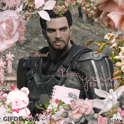 A Picture Of A Man Surrounded By Pink Flowers With The Words " Love You Sweetheart " GIF