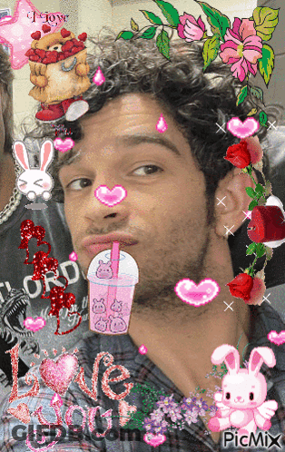 A Picture Of A Man Surrounded By Pink Hearts And Flowers With The Words Love You On The Bottom Right GIF