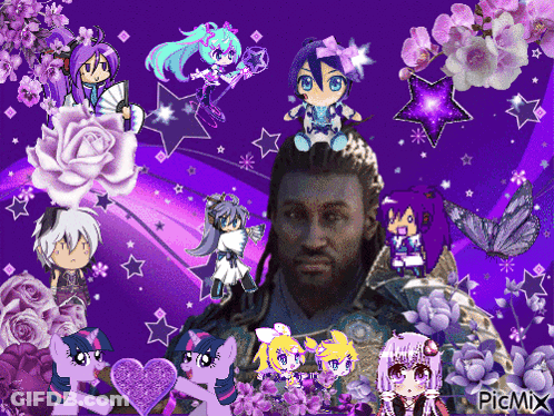 A Picture Of A Man Surrounded By Purple Flowers And Ponies With The Words Picmix On The Bottom GIF