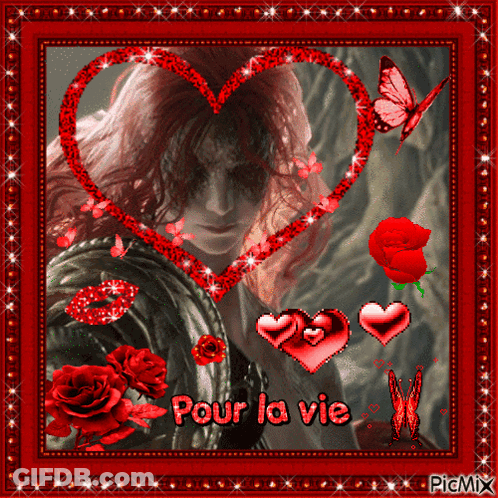 A Picture Of A Man Surrounded By Red Hearts With The Words Pour La Vie On The Bottom GIF
