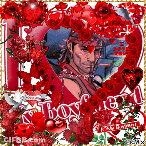 A Picture Of A Man Surrounded By Red Roses And Hearts With The Words I Love You GIF